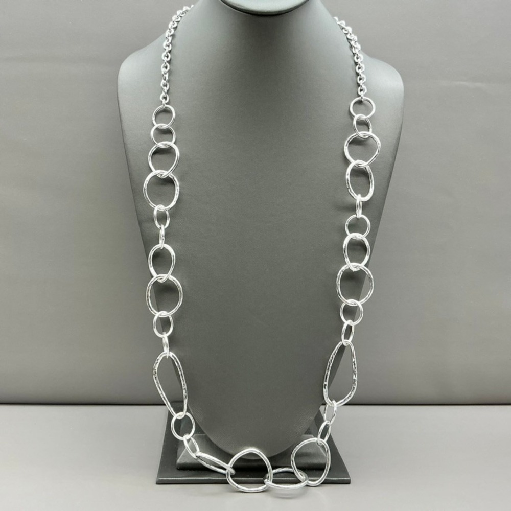 Chico's Necklace Silver Tone Hammered Circle Link Statement 26 Inch Adjustable